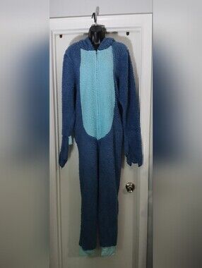 Unisex Disney blue polyester fleece onesie with light blue belly patch, L/ XL.